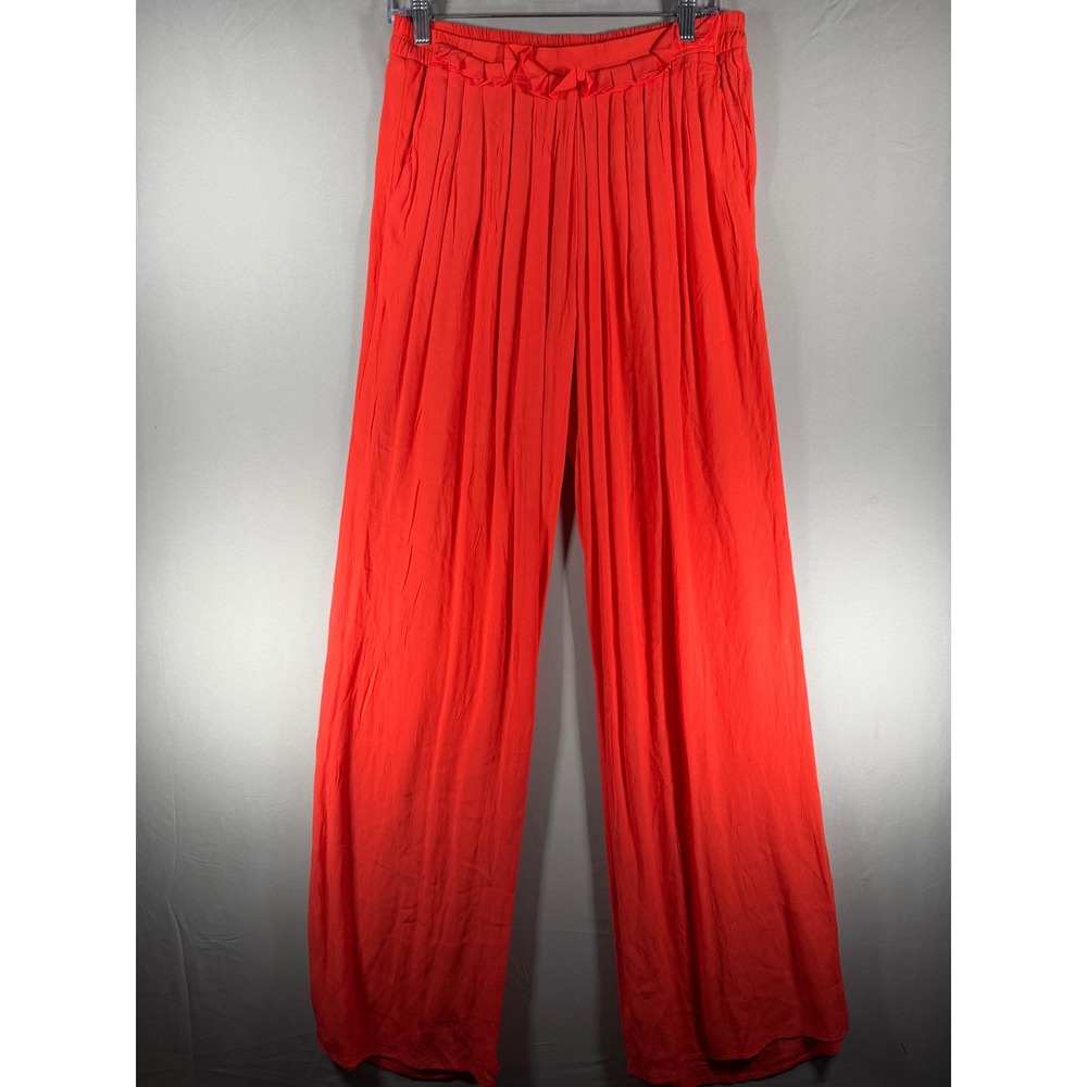 Harlyn Womens Red Pleated Wide Leg Flowy Pants Ruffle Waist Pockets Small